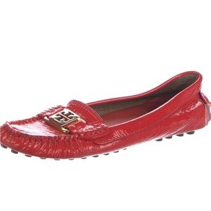 Tory Burch Red Patent Leather Driving Loafer with Gold Logo